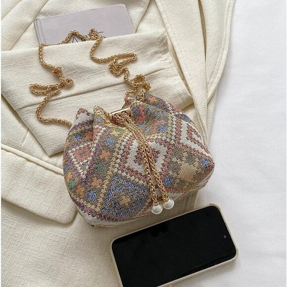 Mini Plaid Drawstring Tote Bag Women Casual Polyester with Metal Strap - Picture 6 of 7